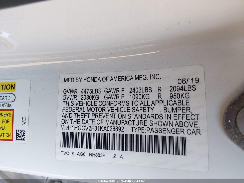 1HGCV2F31KA026892 2019 HONDA ACCORD photo no. 9