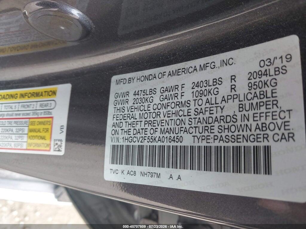 1HGCV2F55KA016450 2019 HONDA ACCORD photo no. 9