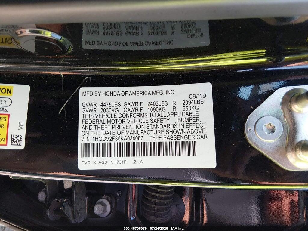1HGCV2F35KA034087 2019 HONDA ACCORD photo no. 9
