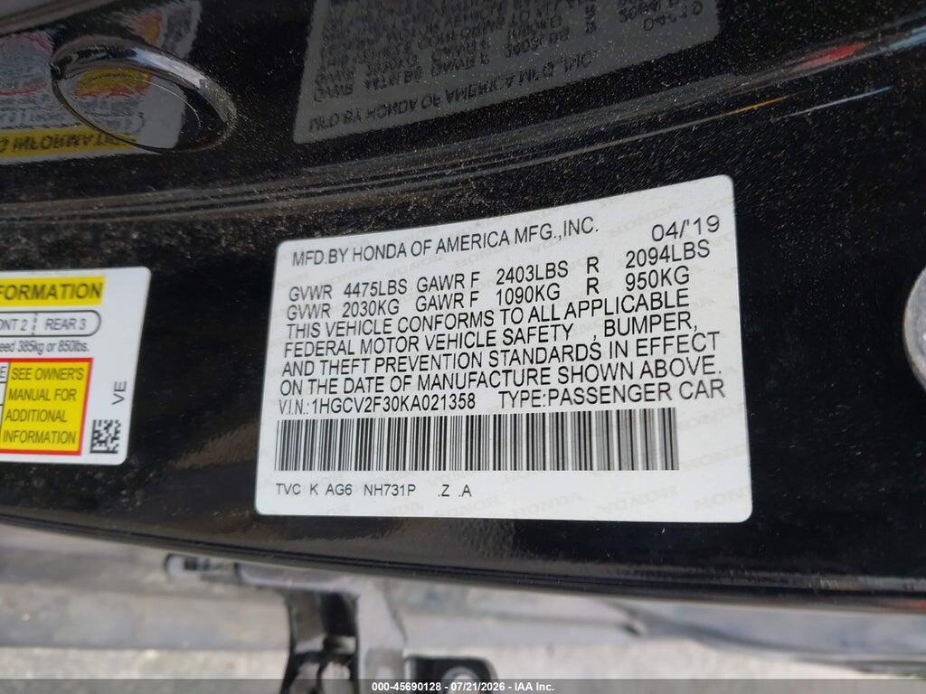 1HGCV2F30KA021358 2019 HONDA ACCORD photo no. 9