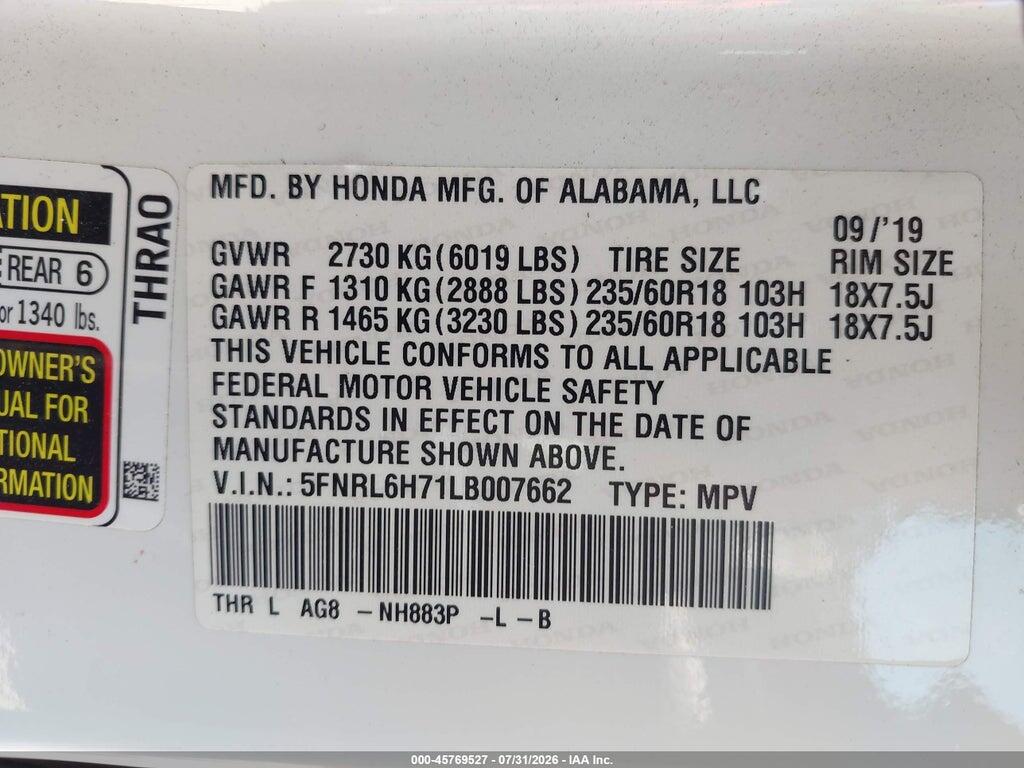 5FNRL6H71LB007662 2020 HONDA ODYSSEY photo no. 9