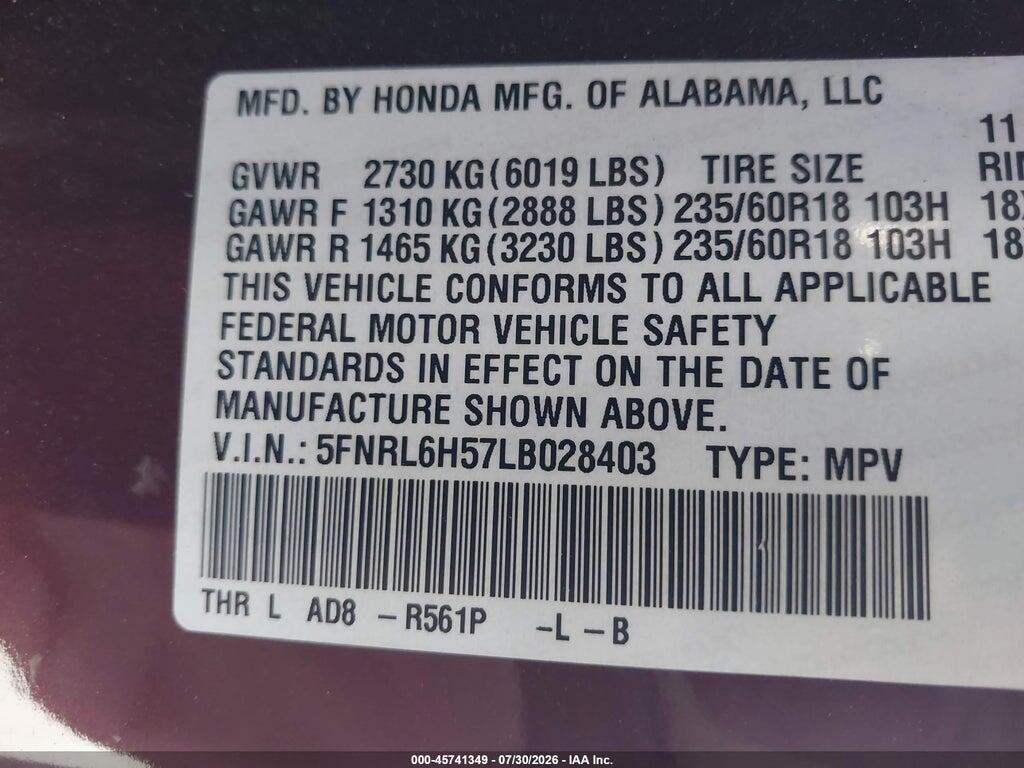 5FNRL6H57LB028403 2020 HONDA ODYSSEY photo no. 9