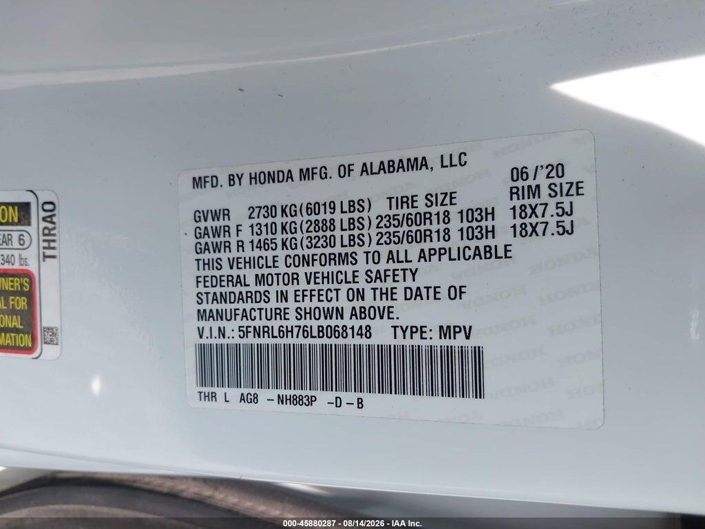5FNRL6H76LB068148 2020 HONDA ODYSSEY photo no. 9