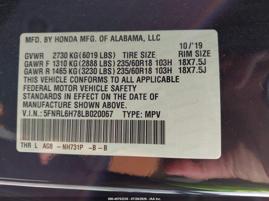 5FNRL6H78LB020067 2020 HONDA ODYSSEY photo no. 9