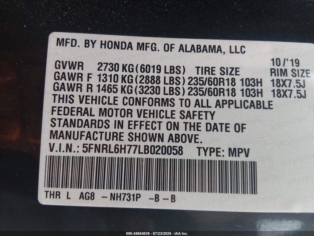 5FNRL6H77LB020058 2020 HONDA ODYSSEY photo no. 9