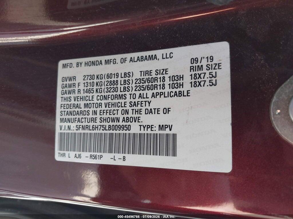 5FNRL6H75LB009950 2020 HONDA ODYSSEY photo no. 9