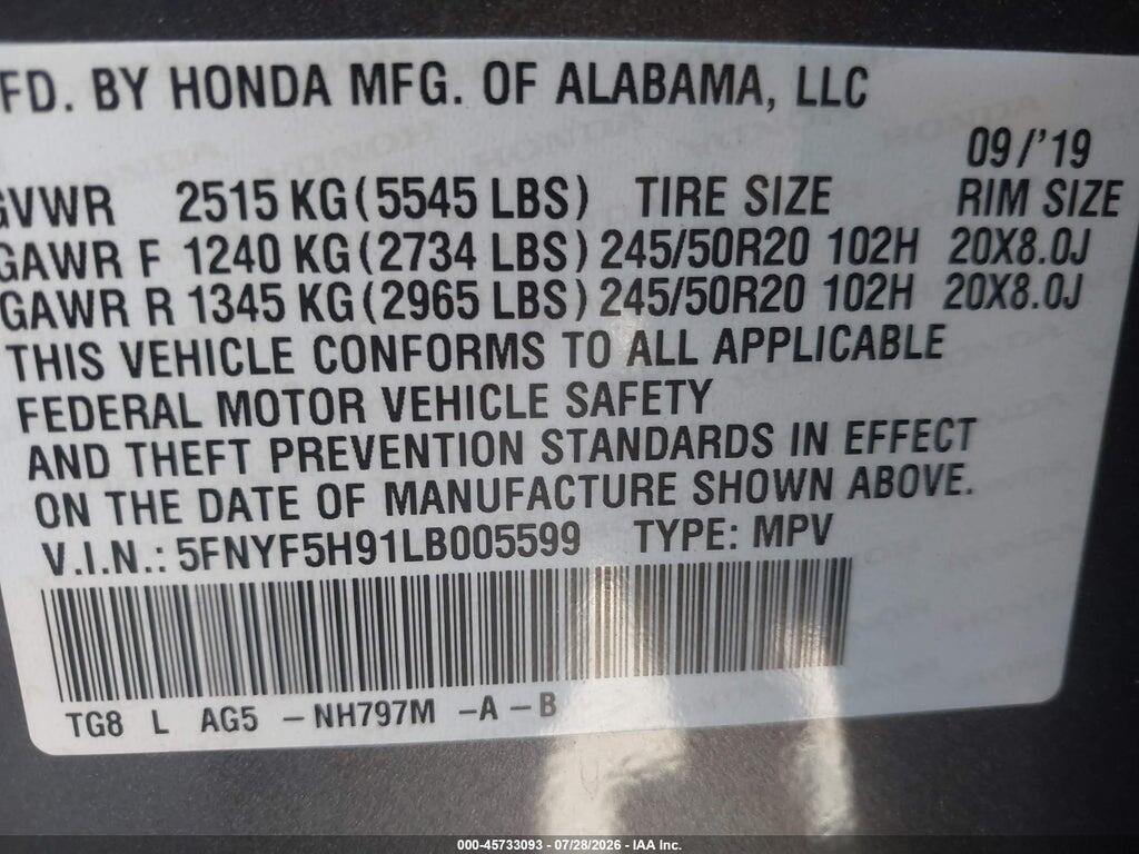 5FNYF5H91LB005599 2020 HONDA PILOT photo no. 9