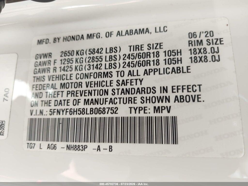 5FNYF6H58LB068752 2020 HONDA PILOT photo no. 9