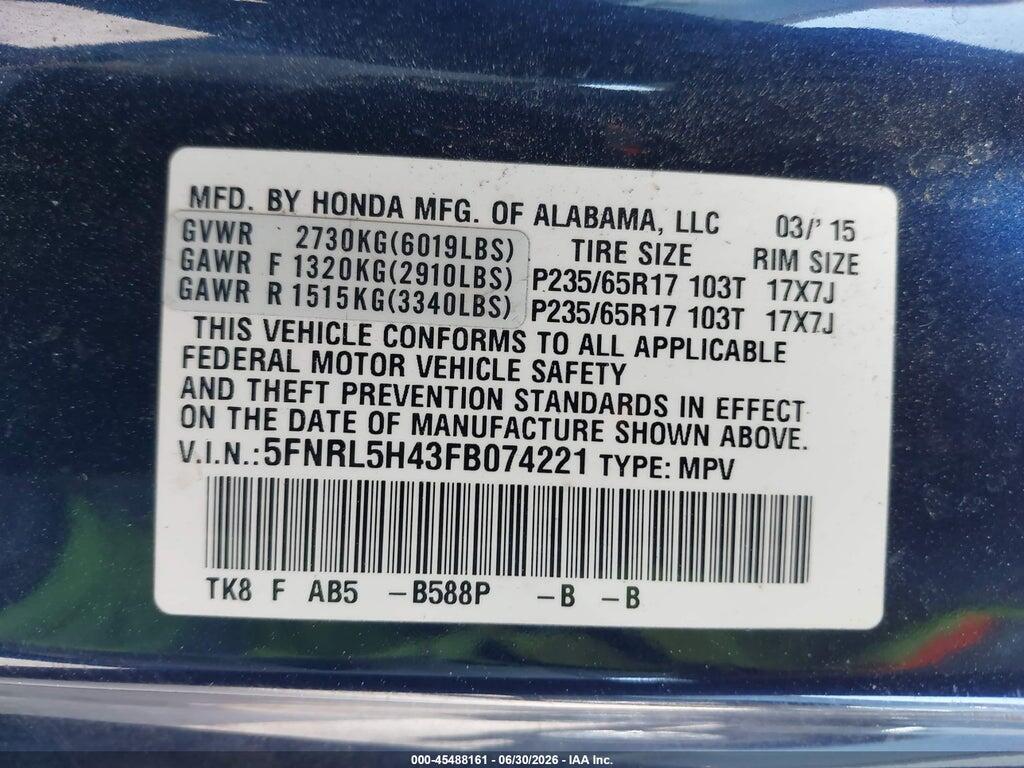 5FNRL5H43FB074221 2015 HONDA ODYSSEY photo no. 9