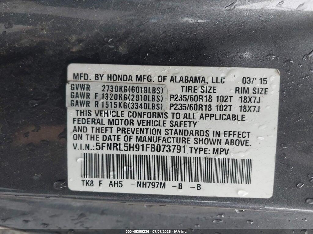 5FNRL5H91FB073791 2015 HONDA ODYSSEY photo no. 9