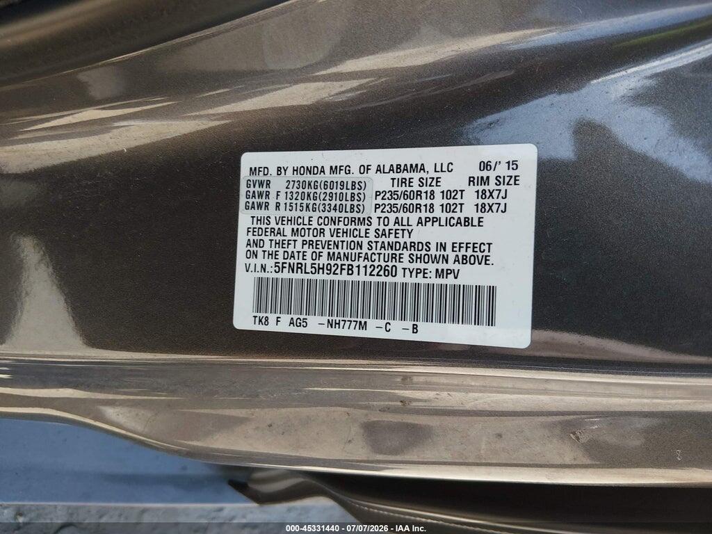 5FNRL5H92FB112260 2015 HONDA ODYSSEY photo no. 9