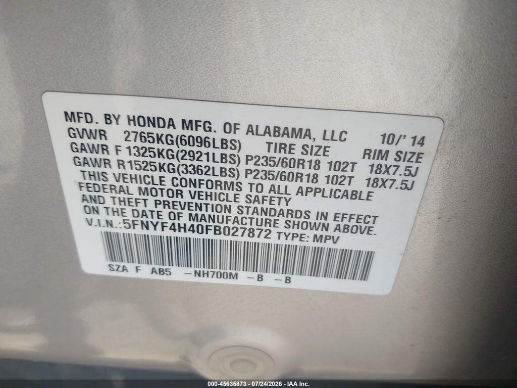 5FNYF4H40FB027872 2015 HONDA PILOT photo no. 9