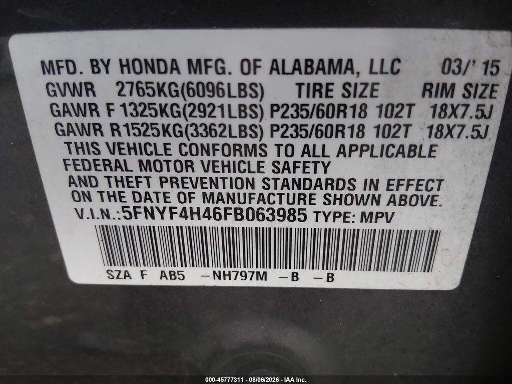 5FNYF4H46FB063985 2015 HONDA PILOT photo no. 9