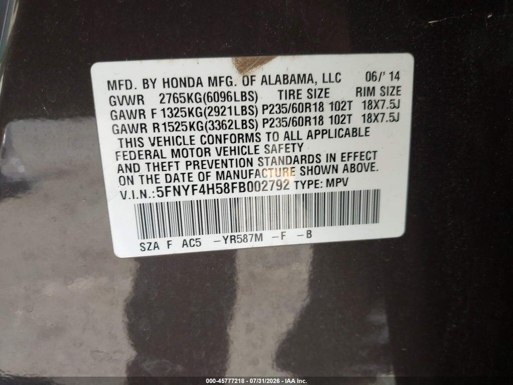 5FNYF4H58FB002792 2015 HONDA PILOT photo no. 9