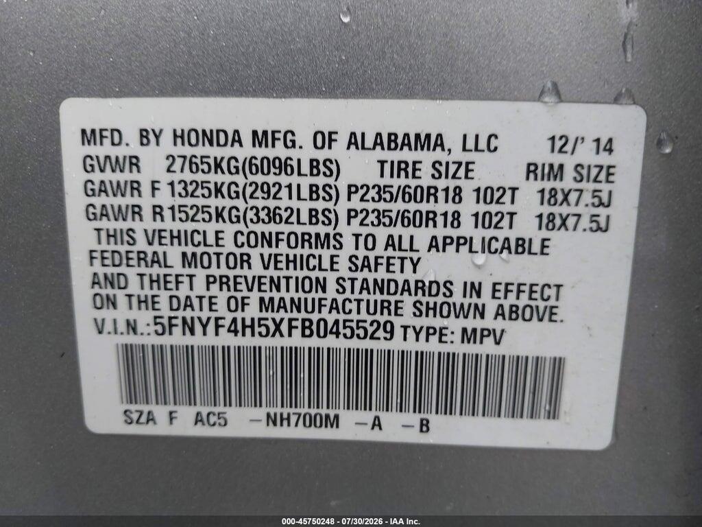 5FNYF4H5XFB045529 2015 HONDA PILOT photo no. 9