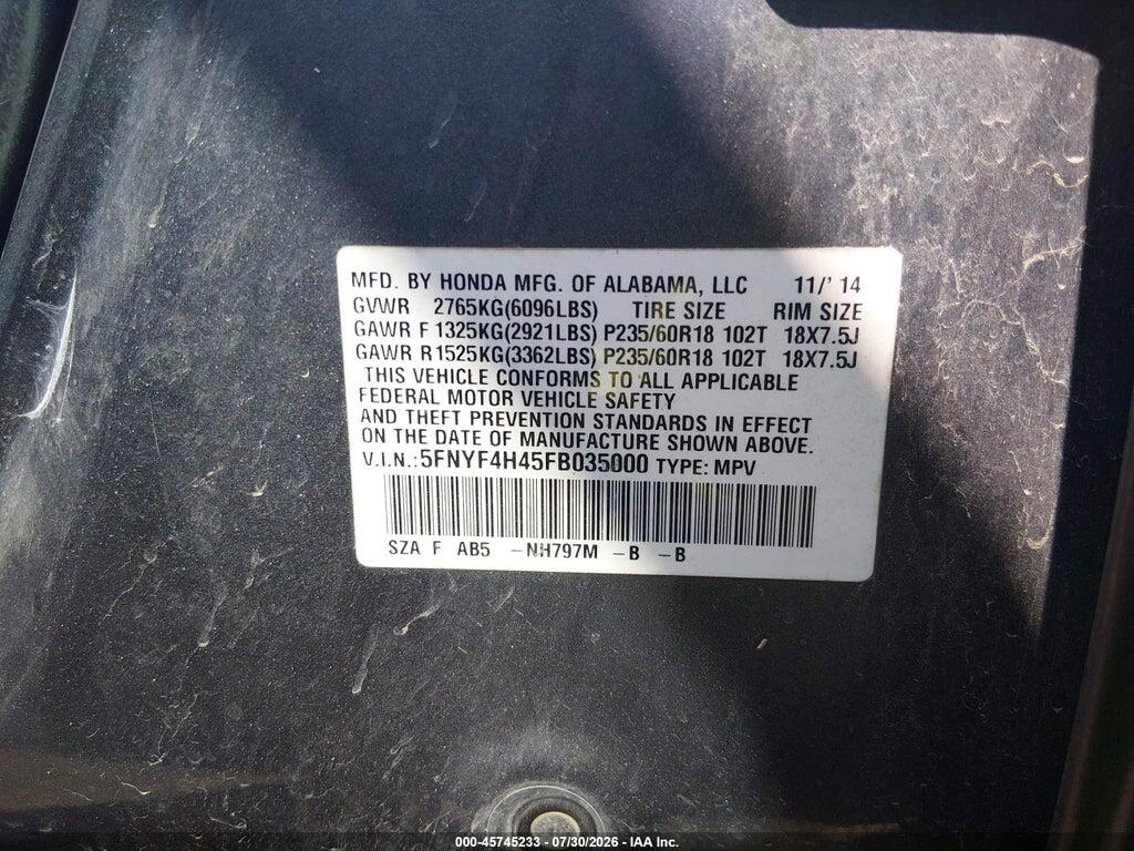 5FNYF4H45FB035000 2015 HONDA PILOT photo no. 9
