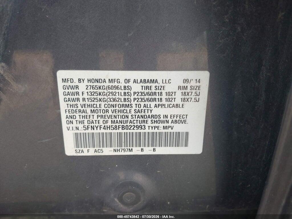 5FNYF4H58FB022993 2015 HONDA PILOT photo no. 9