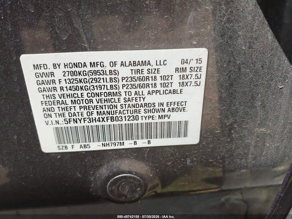 5FNYF3H4XFB031230 2015 HONDA PILOT photo no. 9