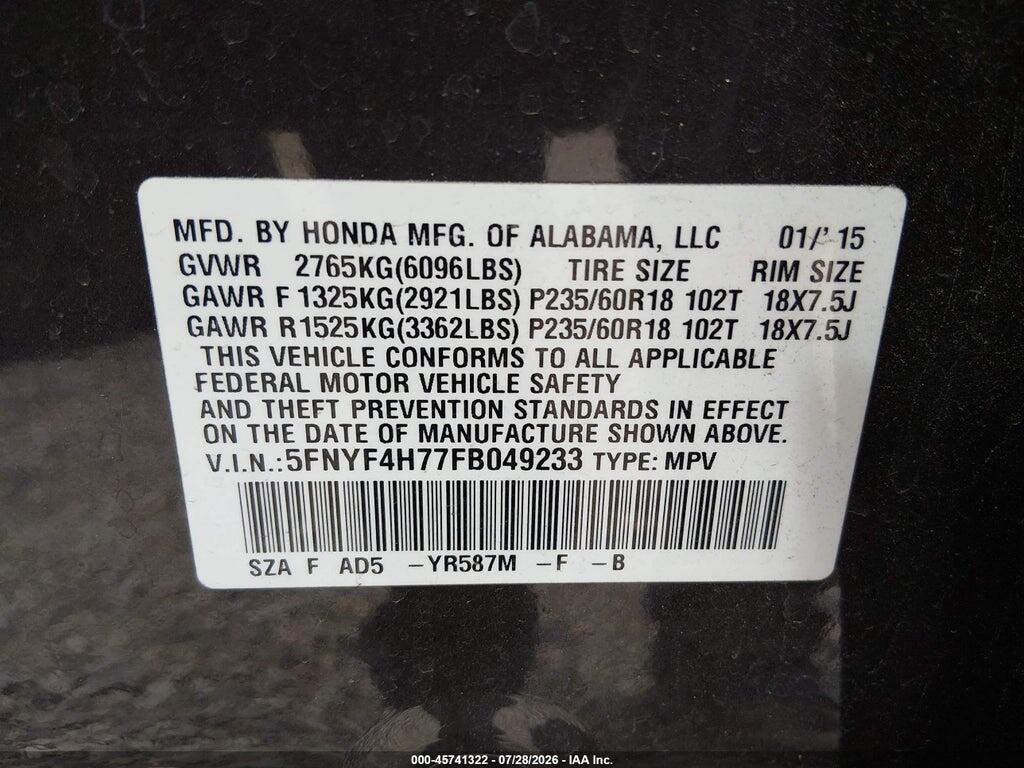 5FNYF4H77FB049233 2015 HONDA PILOT photo no. 9