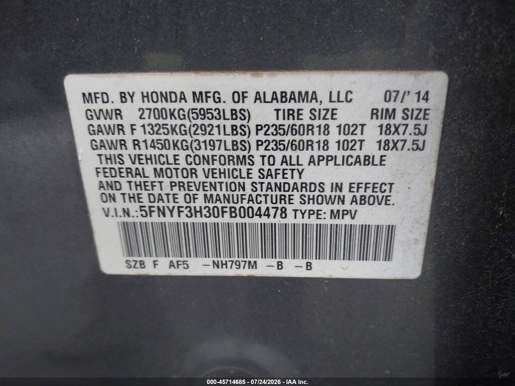 5FNYF3H30FB004478 2015 HONDA PILOT photo no. 9