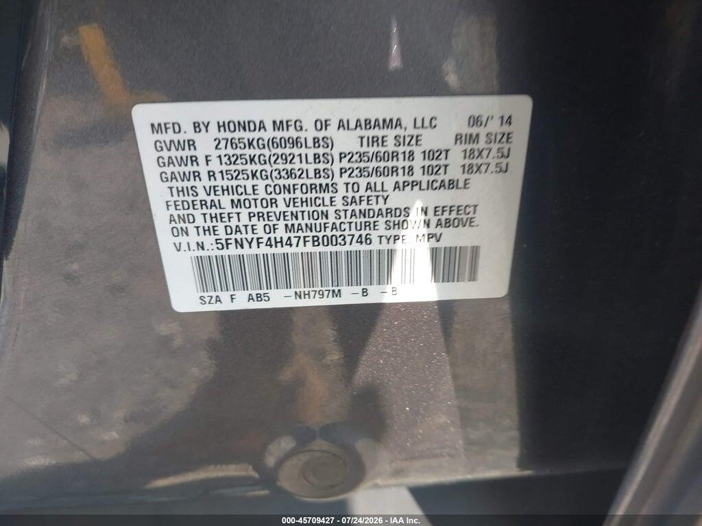 5FNYF4H47FB003746 2015 HONDA PILOT photo no. 9