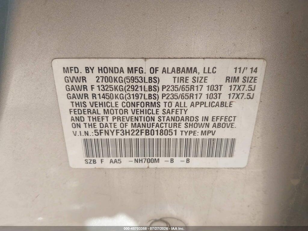 5FNYF3H22FB018051 2015 HONDA PILOT photo no. 9