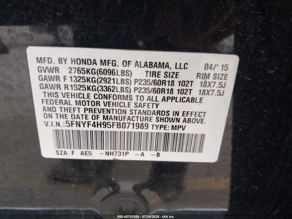 5FNYF4H95FB071989 2015 HONDA PILOT photo no. 9