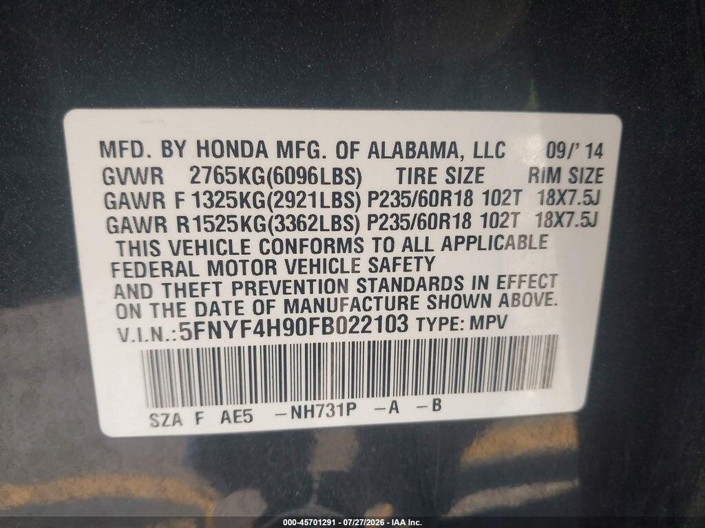 5FNYF4H90FB022103 2015 HONDA PILOT photo no. 9