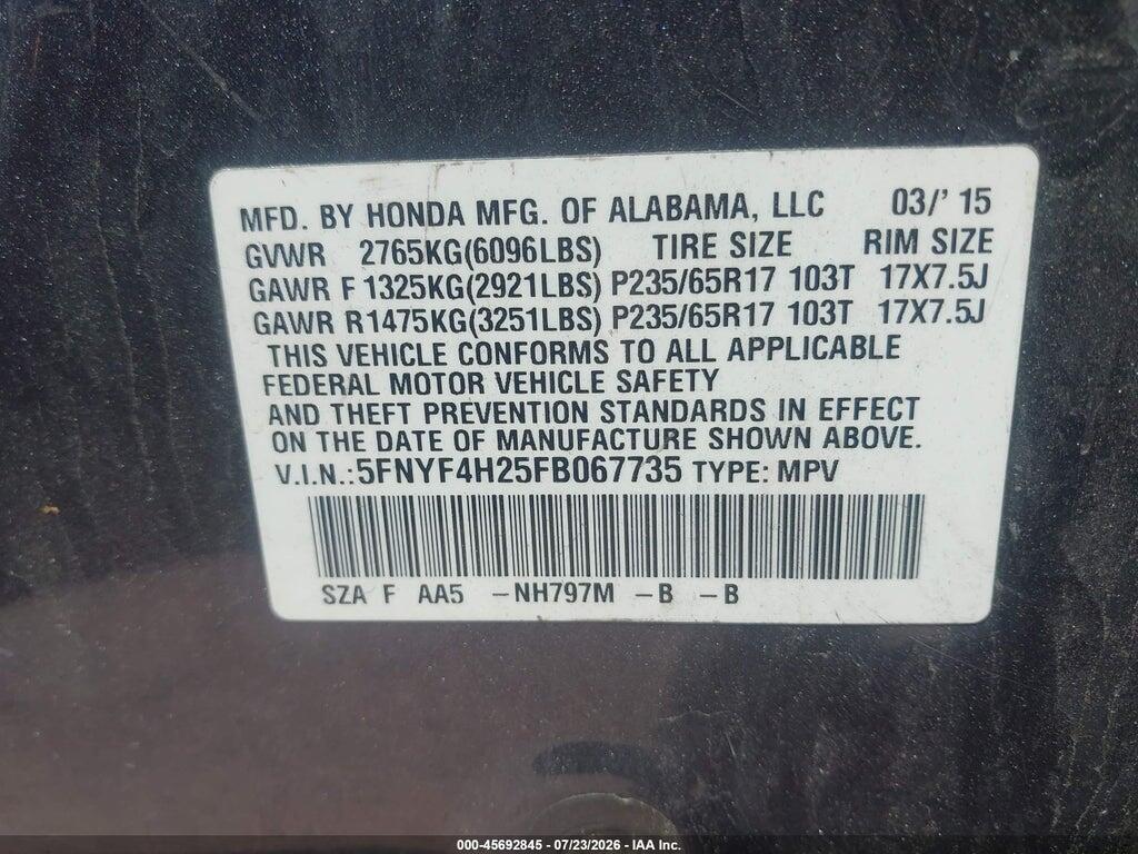 5FNYF4H25FB067735 2015 HONDA PILOT photo no. 9