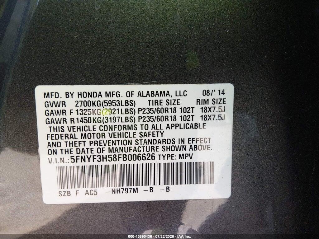 5FNYF3H58FB006626 2015 HONDA PILOT photo no. 9