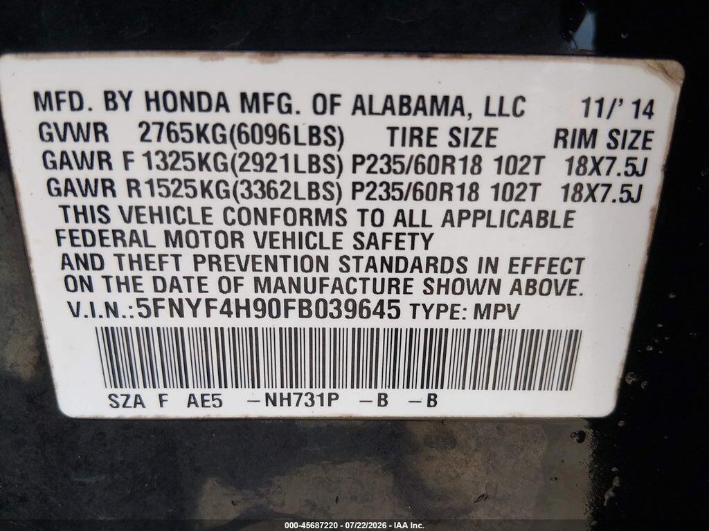 5FNYF4H90FB039645 2015 HONDA PILOT photo no. 9
