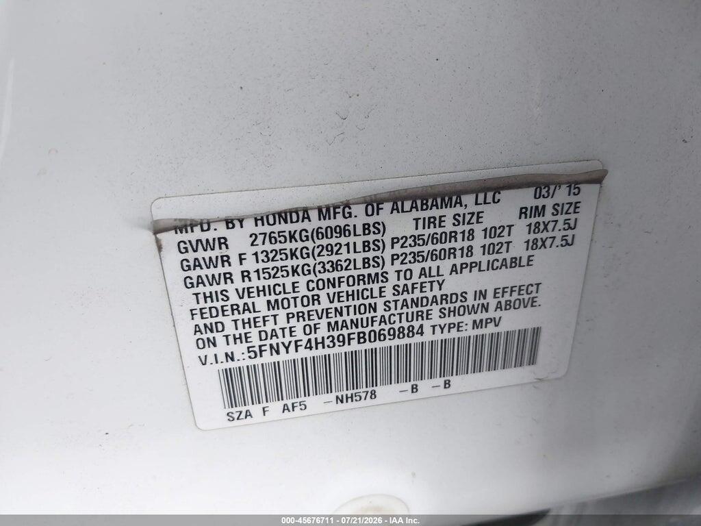 5FNYF4H39FB069884 2015 HONDA PILOT photo no. 9