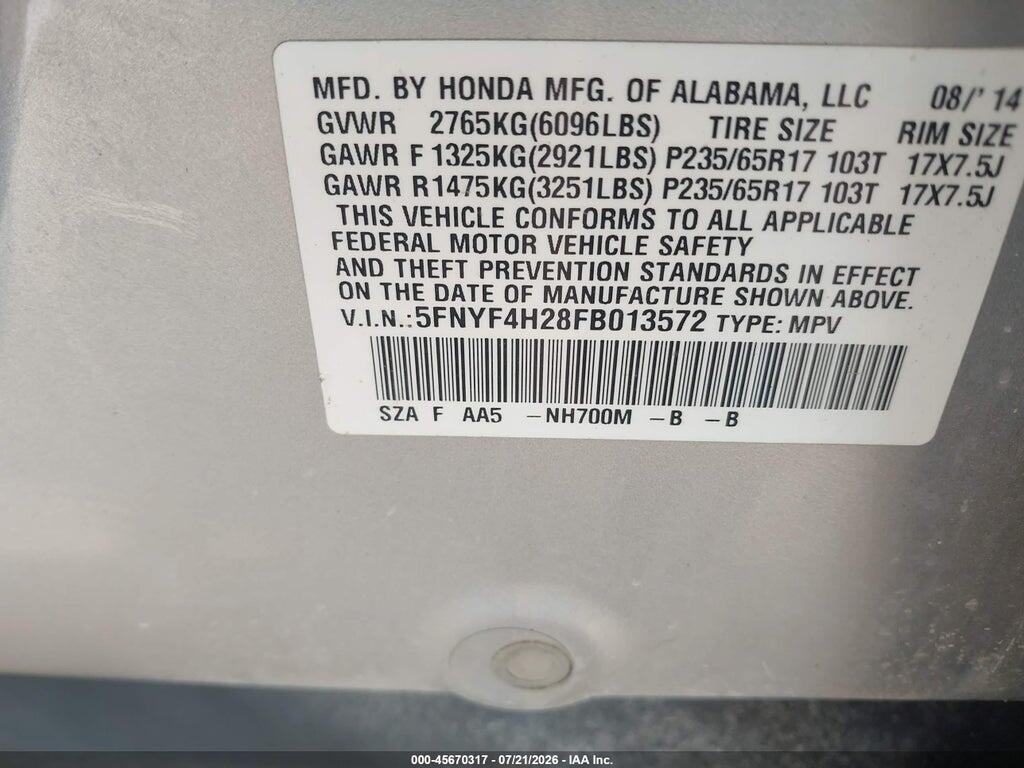5FNYF4H28FB013572 2015 HONDA PILOT photo no. 9