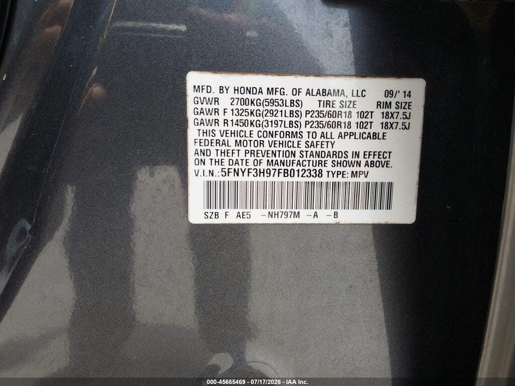 5FNYF3H97FB012338 2015 HONDA PILOT photo no. 9