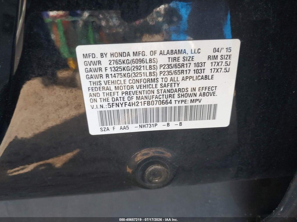 5FNYF4H21FB070664 2015 HONDA PILOT photo no. 9