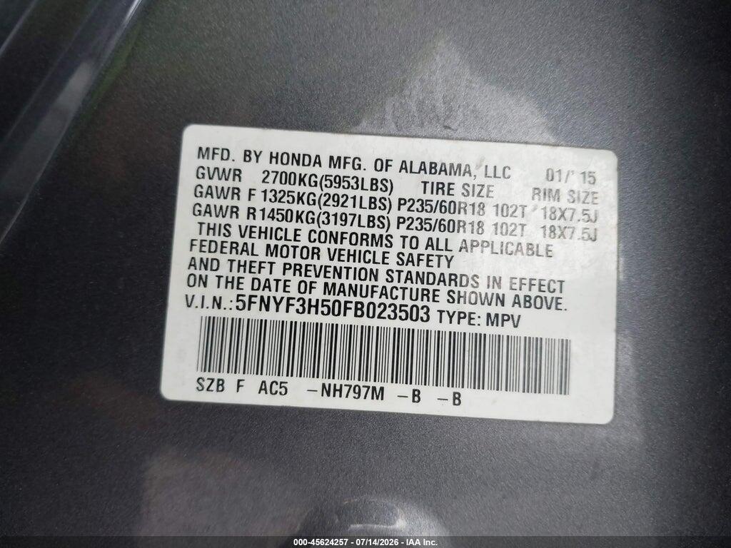 5FNYF3H50FB023503 2015 HONDA PILOT photo no. 9