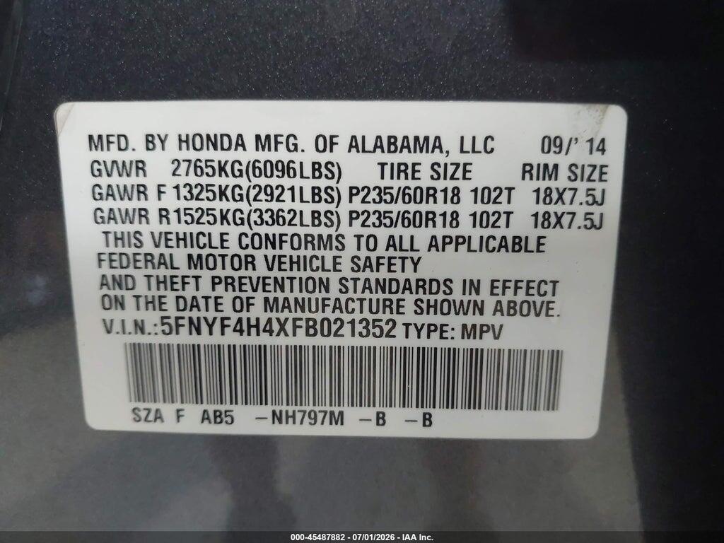 5FNYF4H4XFB021352 2015 HONDA PILOT photo no. 9