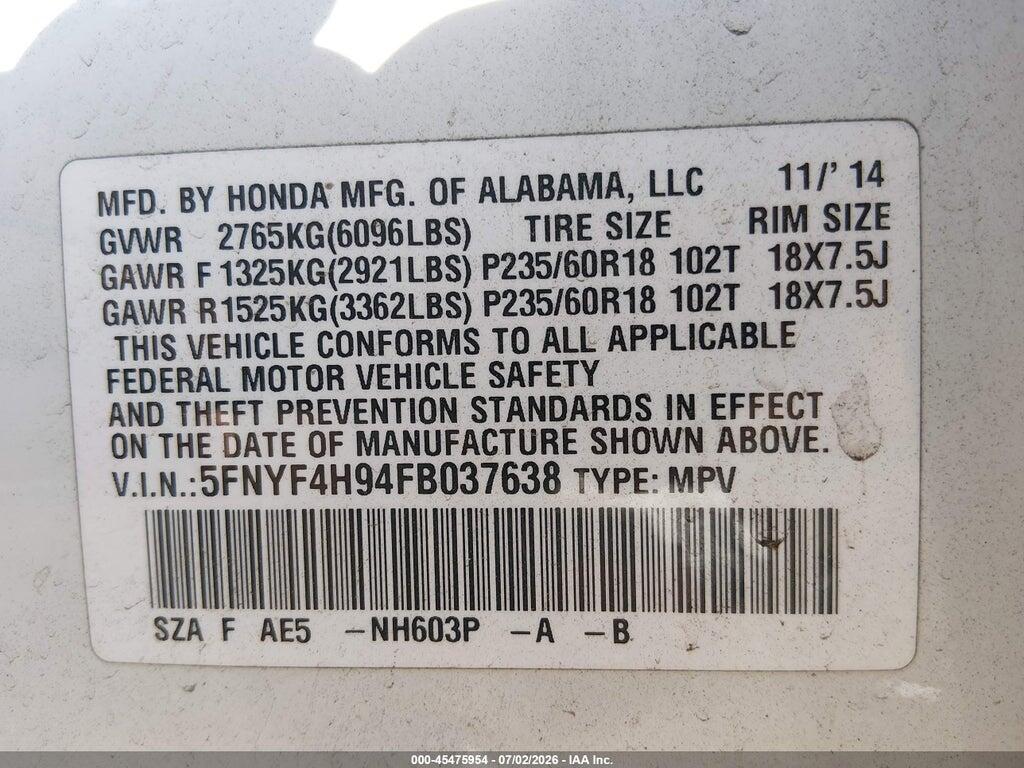 5FNYF4H94FB037638 2015 HONDA PILOT photo no. 9