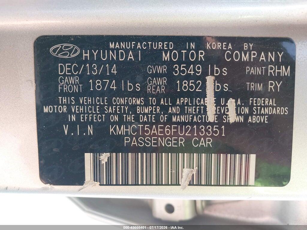 KMHCT5AE6FU213351 2015 HYUNDAI ACCENT photo no. 9