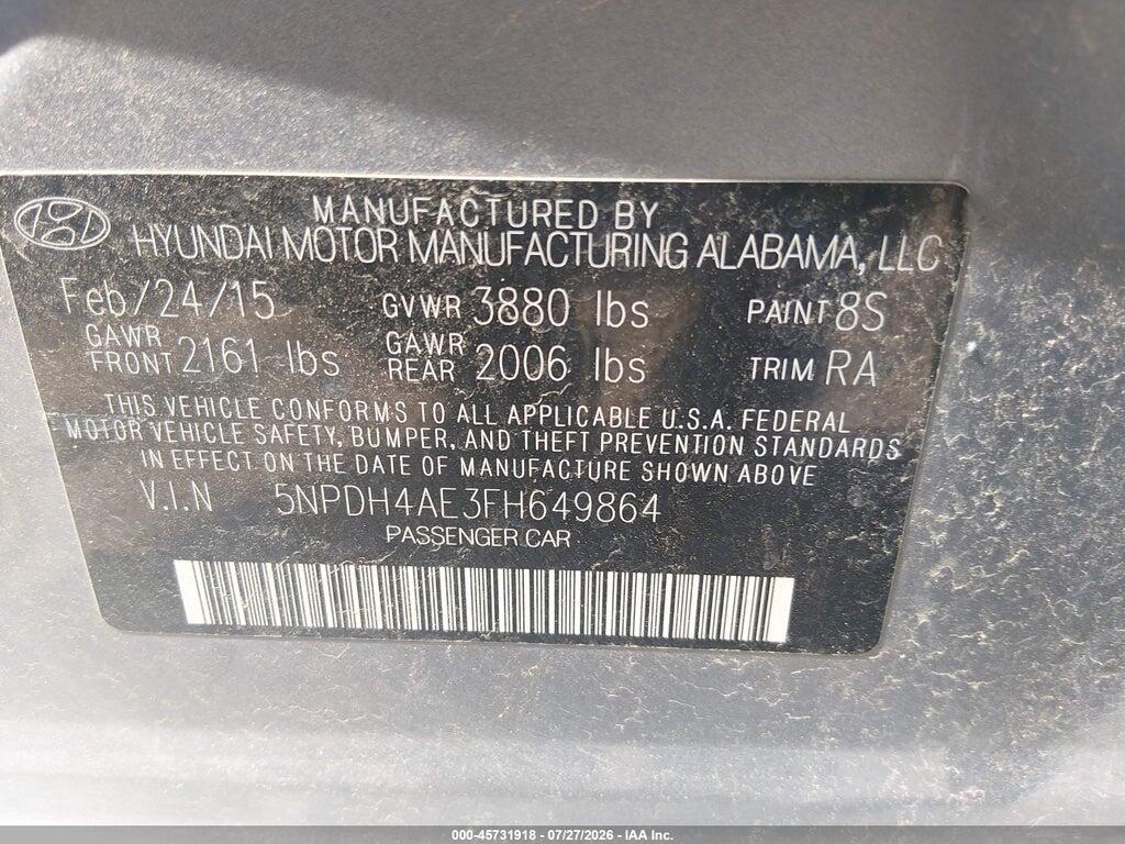 5NPDH4AE3FH649864 2015 HYUNDAI ELANTRA photo no. 9