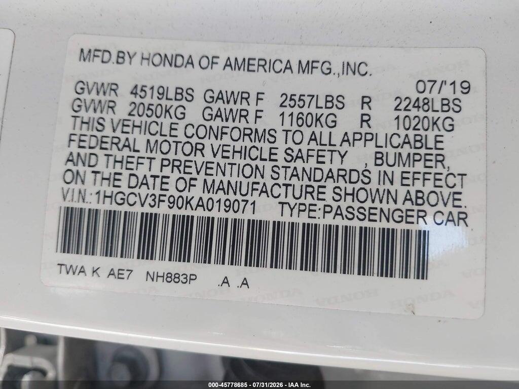 1HGCV3F90KA019071 2019 HONDA ACCORD HYBRID photo no. 9