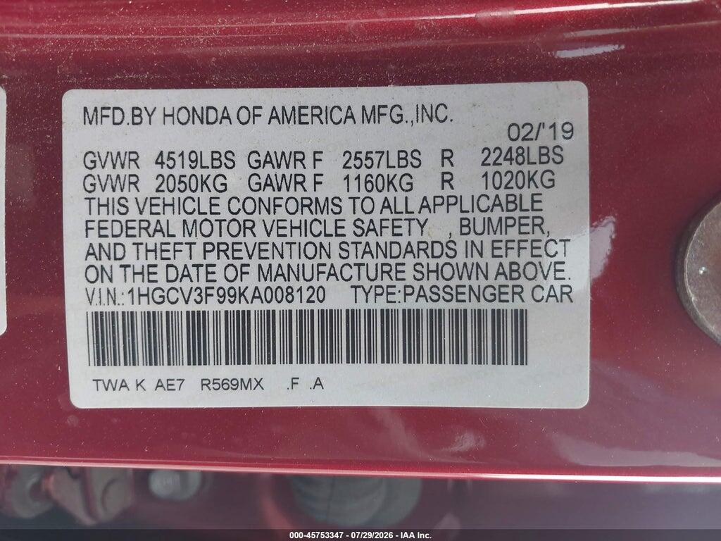 1HGCV3F99KA008120 2019 HONDA ACCORD HYBRID photo no. 9