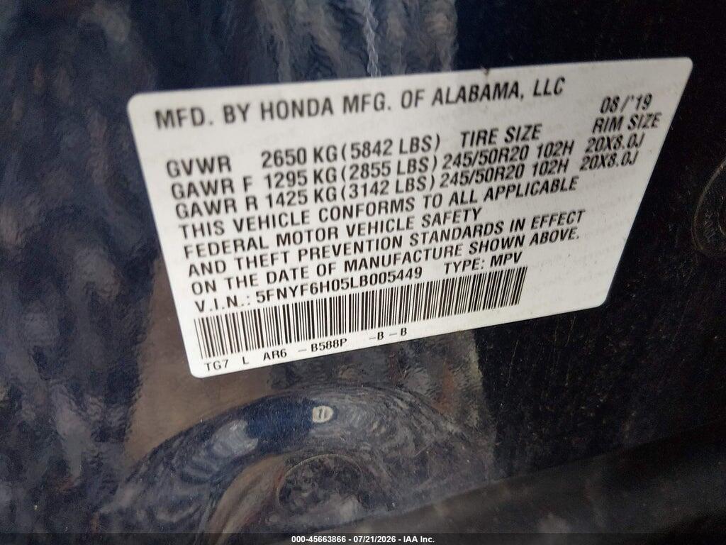 5FNYF6H05LB005449 2020 HONDA PILOT photo no. 9