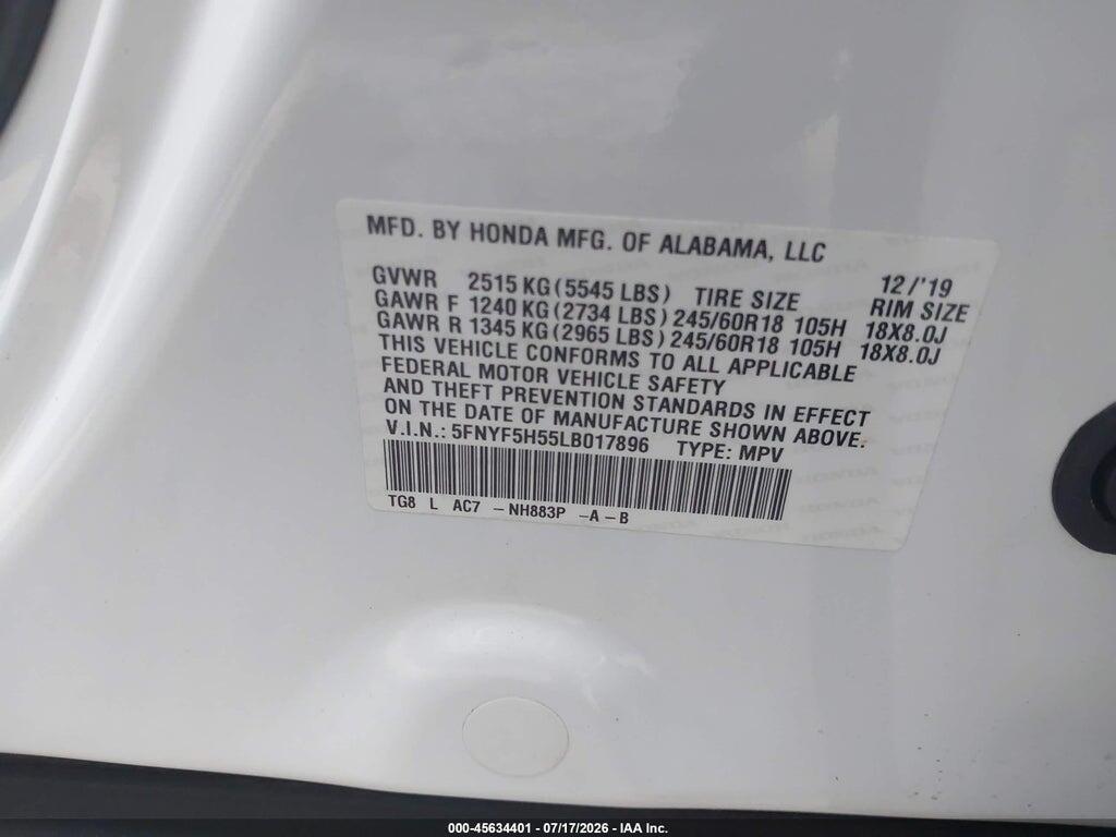 5FNYF5H55LB017896 2020 HONDA PILOT photo no. 9