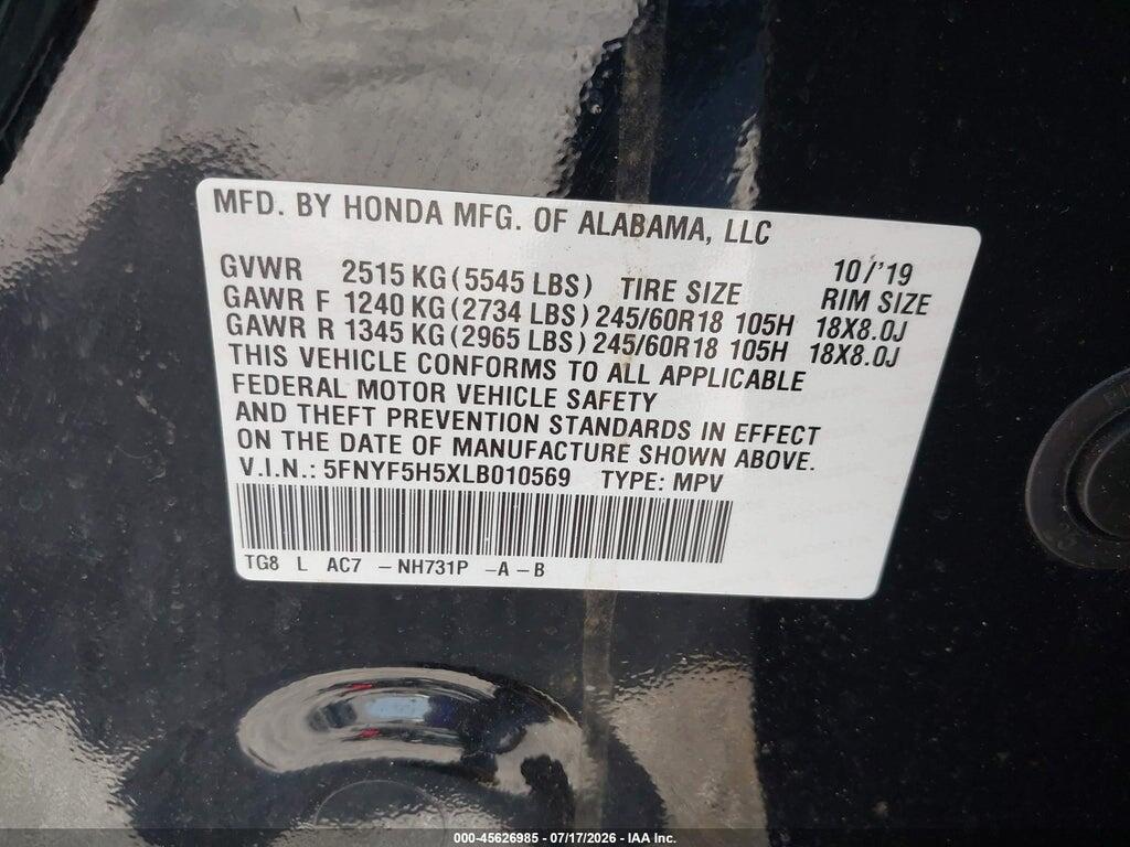 5FNYF5H5XLB010569 2020 HONDA PILOT photo no. 9