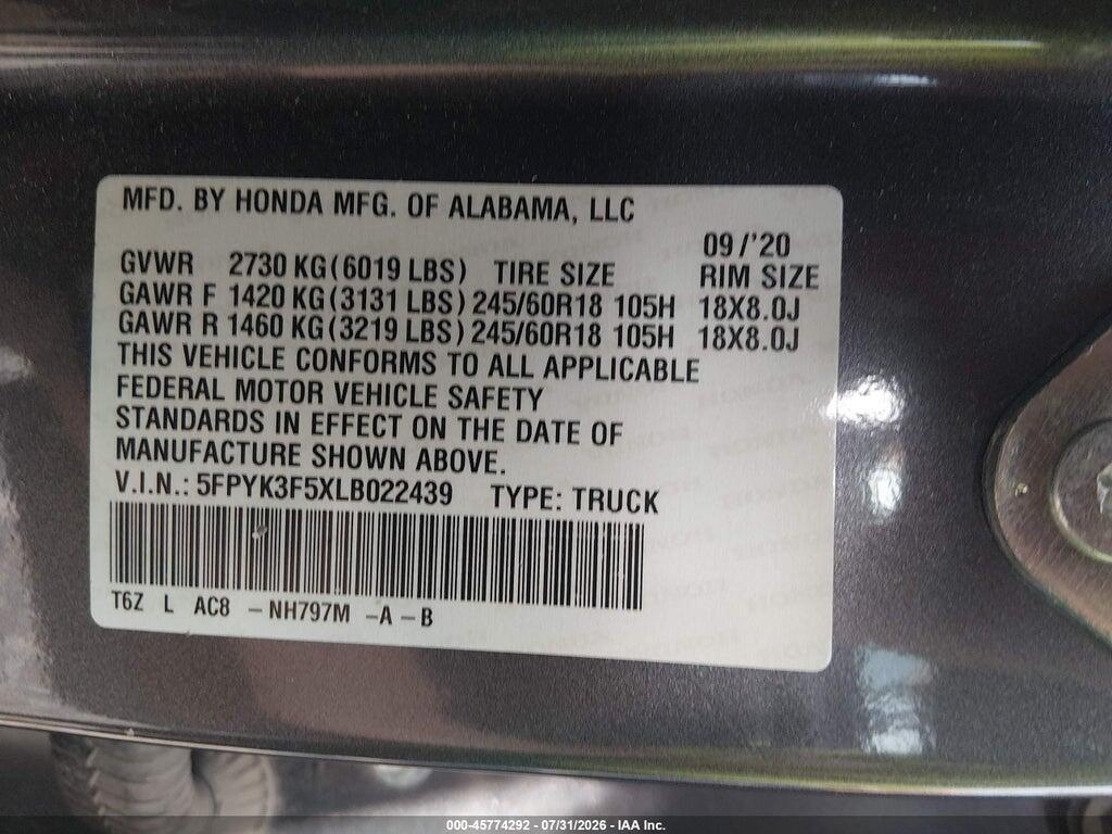 5FPYK3F5XLB022439 2020 HONDA RIDGELINE photo no. 9
