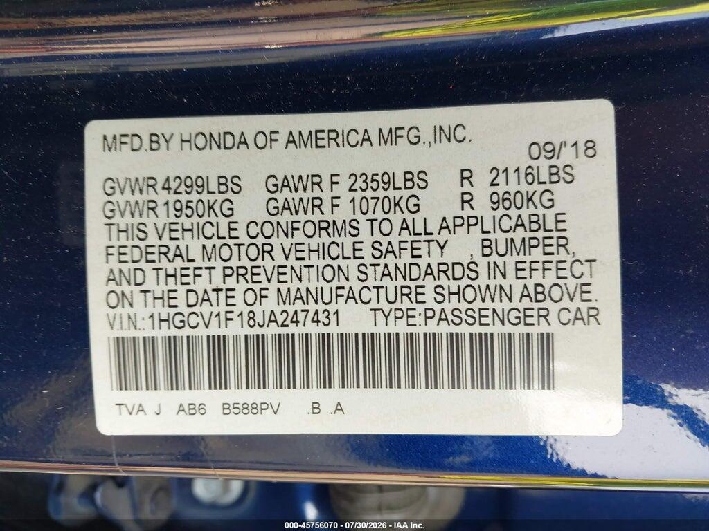 1HGCV1F18JA247431 2018 HONDA ACCORD photo no. 9