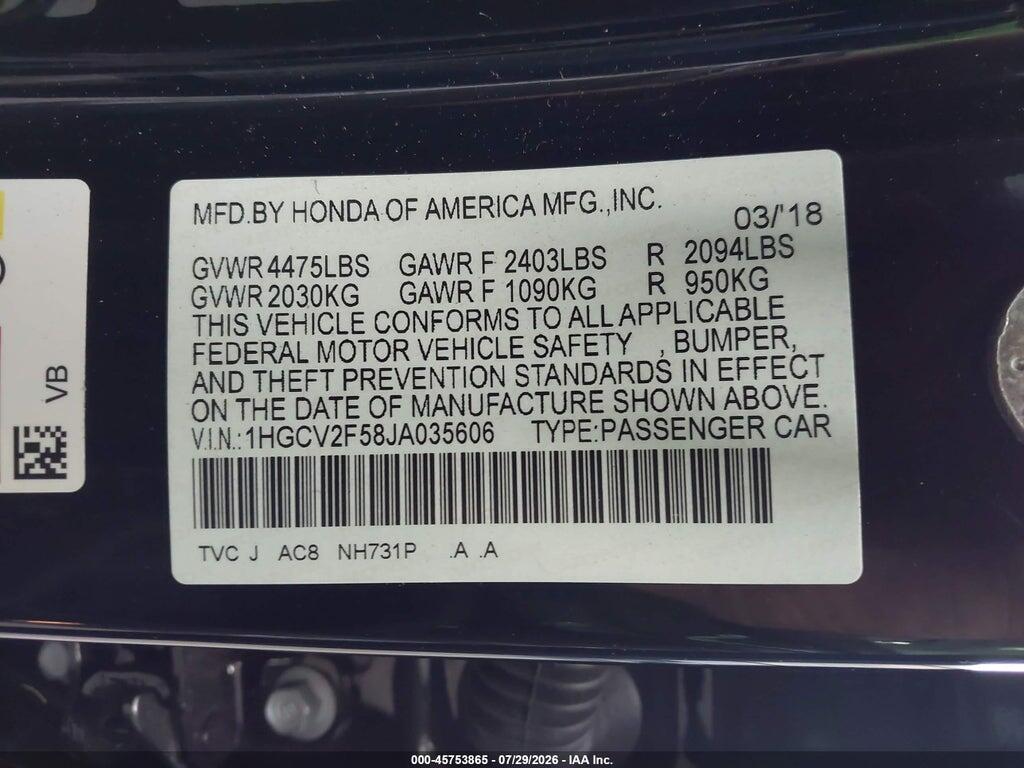 1HGCV2F58JA035606 2018 HONDA ACCORD photo no. 9