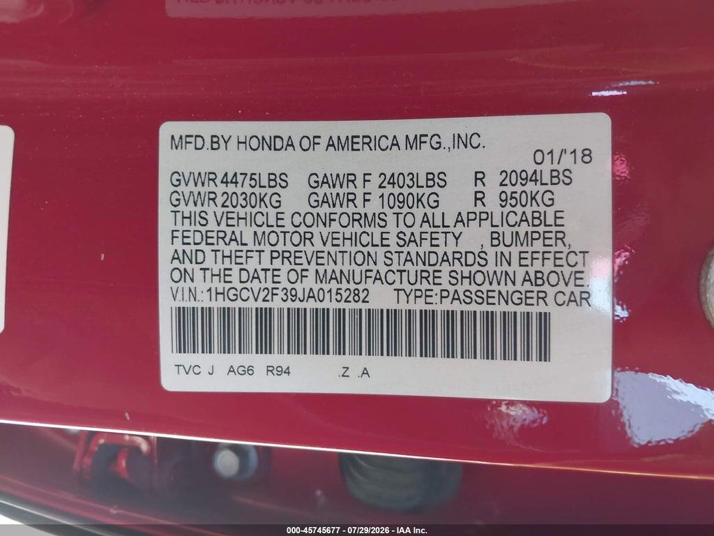 1HGCV2F39JA015282 2018 HONDA ACCORD photo no. 9