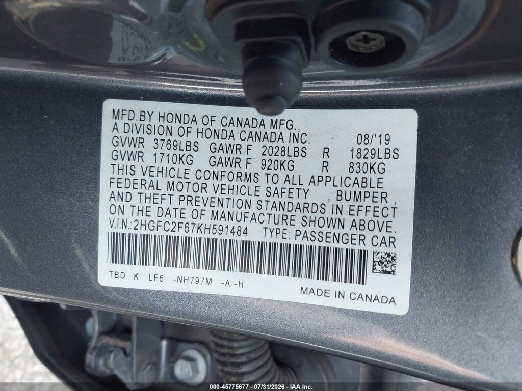 2HGFC2F67KH591484 2019 HONDA CIVIC photo no. 9